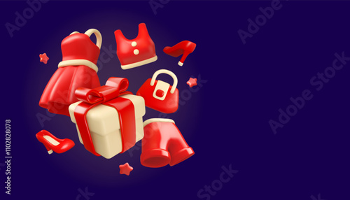 Woman clothing sale banner. Red women fashion items. Dress, bag, heels and shorts with tank top. Cartoon template with gift box on dark background