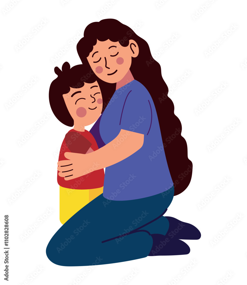 mom and son hugging characters