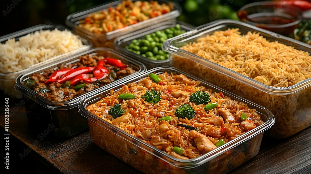 chinese food in plastic containers. chinese food in plastic containers.