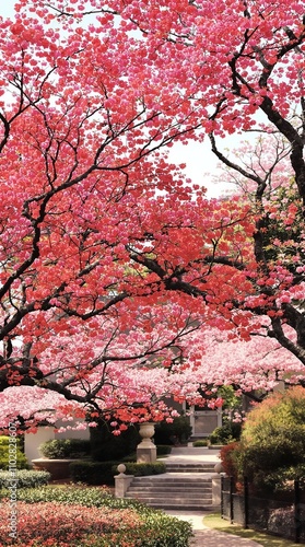 Bright red and pink ume plum flowers blooming in a well-maintained garden, delicate, horticulture