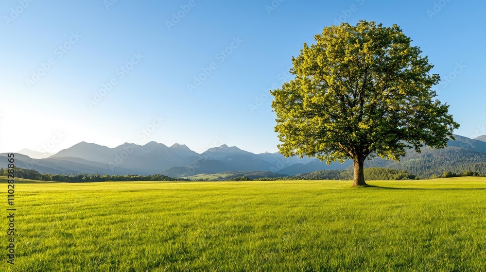 Naklejka premium Lone tree standing tall in a vibrant green field with mountains in the background.