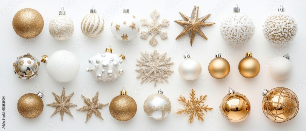 Fototapeta premium Top view of white and golden Christmas decorations arranged isolated on white background