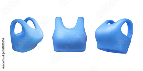 Woman sports crop top icon set. Blue bra in different positions vector 3d illustration. Cartoon short t-shirt collection isolated on white background