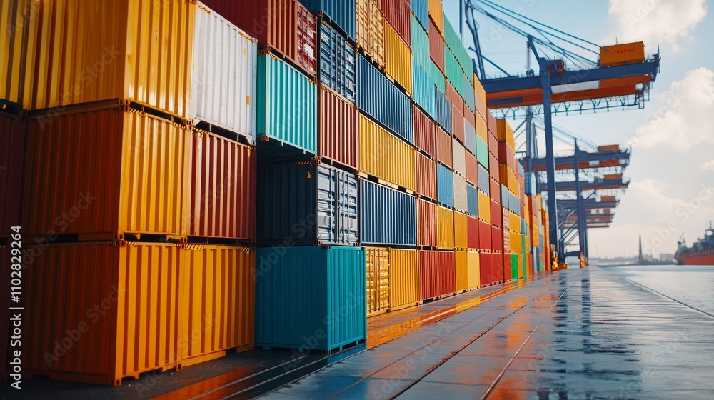 Fototapeta premium A vibrant port scene showcasing stacked shipping containers ready for transport.