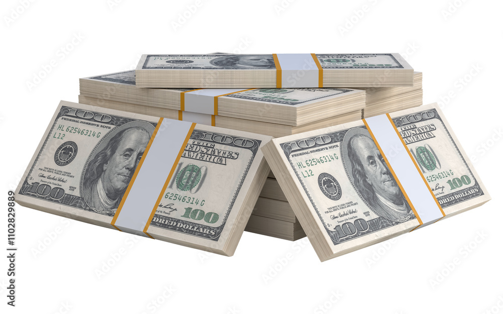Stack of US paper currency. 3D American Dollars cash one hundred banknotes. Pile of us currency isolated on white background. Creative business finance making money or saving concept Stack of US paper currency. 3D American Dollars cash one hundred banknotes. Pile of us currency isolated on white background. Creative business finance making money or saving concept