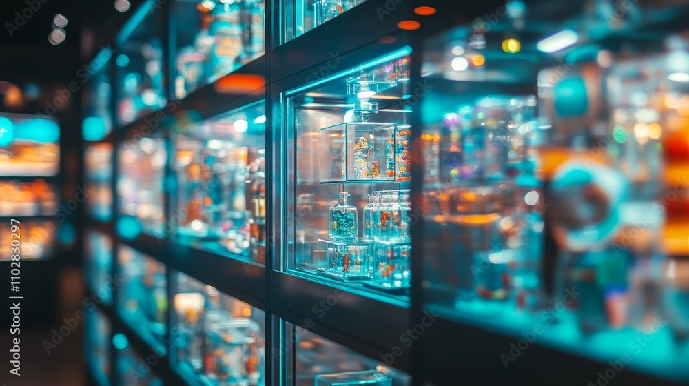 A vibrant display of illuminated glass containers showcasing various items in a modern setting. A vibrant display of illuminated glass containers showcasing various items in a modern setting.