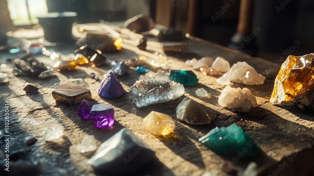 A rustic tabletop covered with unpolished gemstones in an array of shapes and colors, illuminated by soft natural light A rustic tabletop covered with unpolished gemstones in an array of shapes and colors, illuminated by soft natural light