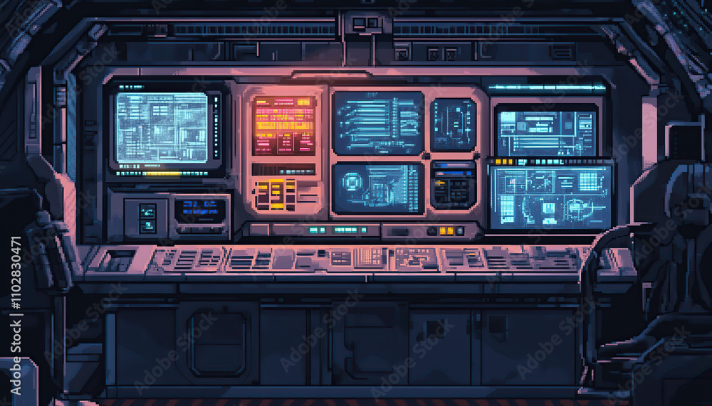 Obraz premium Interior of a futuristic spaceship in pixel art style