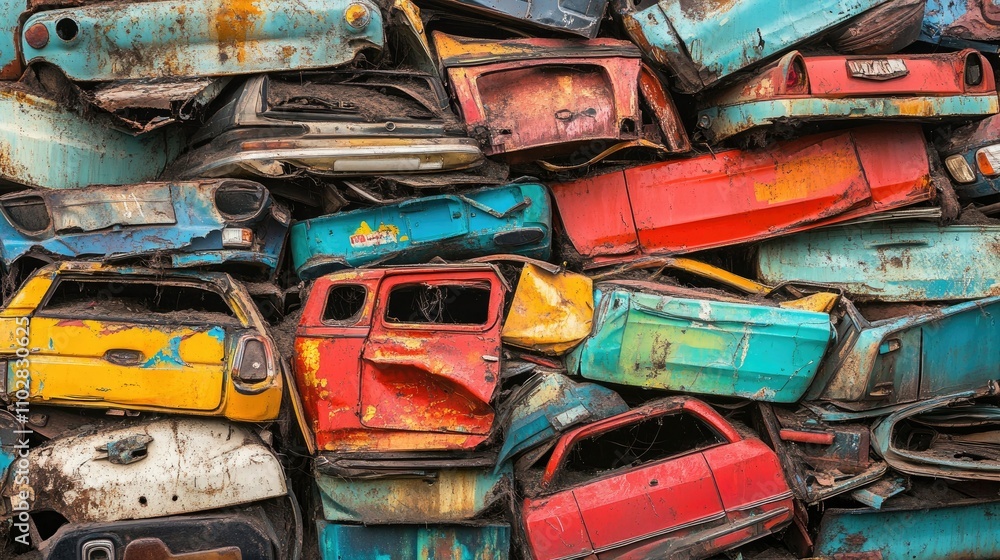 A scrapyard scene featuring a chaotic stack of car doors, painted in vivid hues and weathered by time and elements A scrapyard scene featuring a chaotic stack of car doors, painted in vivid hues and weathered by time and elements