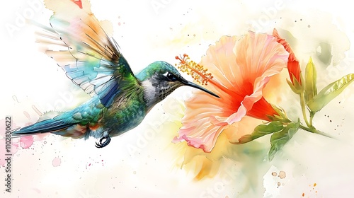 A sweet hummingbird with iridescent feathers, sipping nectar from a flower on a white background