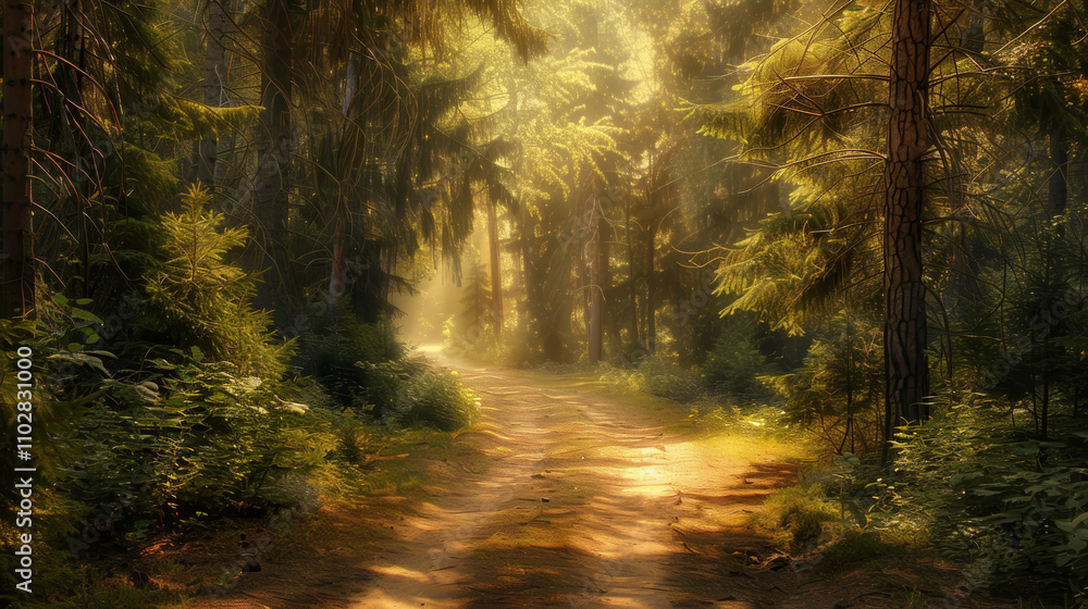 Dappled Sunlight in Quiet Forest Path Dappled Sunlight in Quiet Forest Path