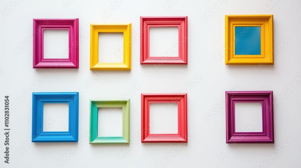 A set of brightly colored, empty picture frames hung on a stark white wall, representing the beauty of individuality A set of brightly colored, empty picture frames hung on a stark white wall, representing the beauty of individuality