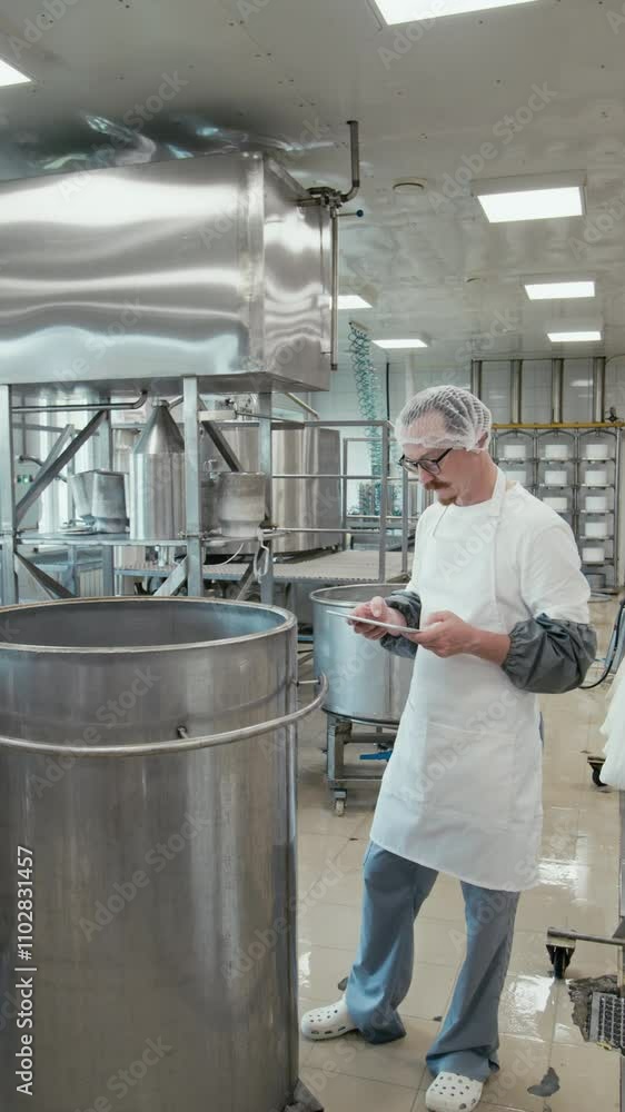 Full vertical shot of Caucasian male cheese factory technologist in white apron and cap standing in front of industrial steel vat, observing curd cooking process, filling out report on tablet Full vertical shot of Caucasian male cheese factory technologist in white apron and cap standing in front of industrial steel vat, observing curd cooking process, filling out report on tablet