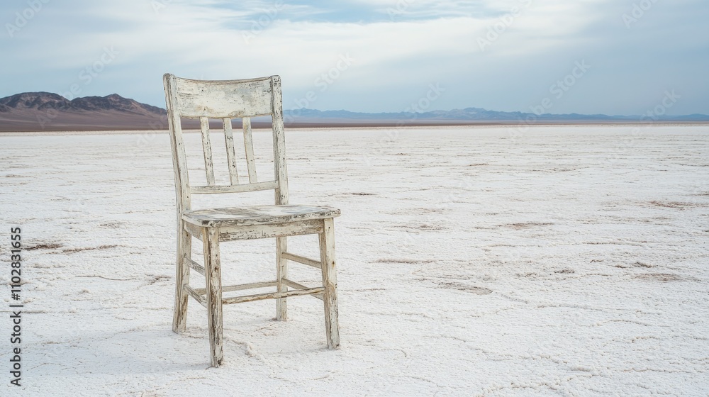 A single wooden chair, weathered and abandoned, in a barren salt desert landscape A single wooden chair, weathered and abandoned, in a barren salt desert landscape