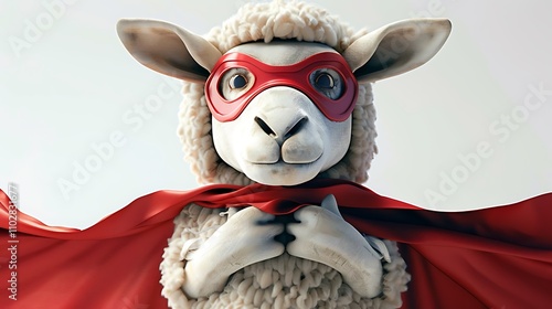 A sweet sheep wearing a superhero cape and mask, saving the day on a white background 