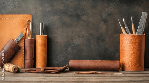 Traditional shoemaker stitching leather, tools of the trade in the background photo