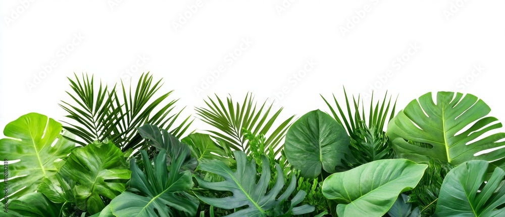 Green leaves of tropical plants bush (Monstera, palm, fern, rubber plant, pine, birds nest fern) floral arrangement indoors garden nature backdrop isolated on white background Green leaves of tropical plants bush (Monstera, palm, fern, rubber plant, pine, birds nest fern) floral arrangement indoors garden nature backdrop isolated on white background