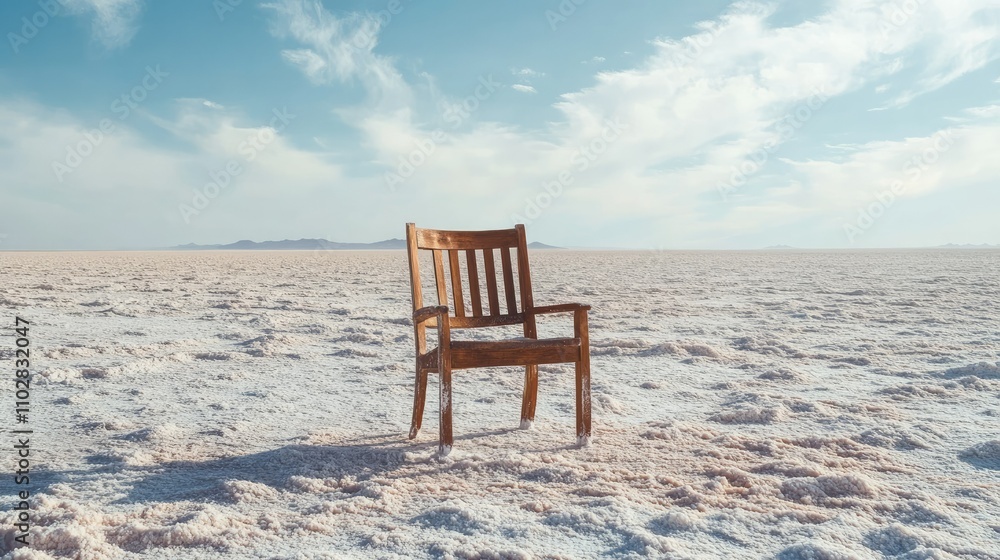 A solitary wooden chair sits eerily in the middle of an expansive salt desert under pale skies A solitary wooden chair sits eerily in the middle of an expansive salt desert under pale skies