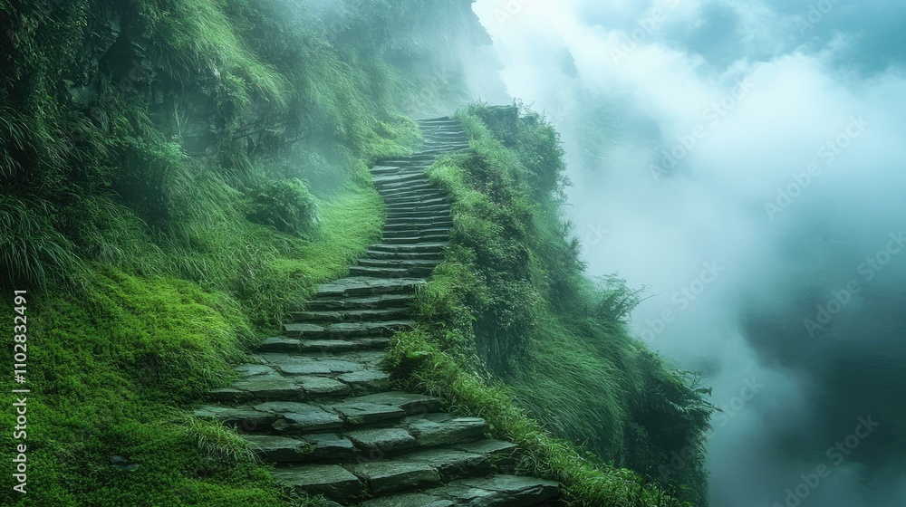 A stone staircase carved into a lush green mountainside, disappearing into the foggy sky, evoking a heavenly allure A stone staircase carved into a lush green mountainside, disappearing into the foggy sky, evoking a heavenly allure