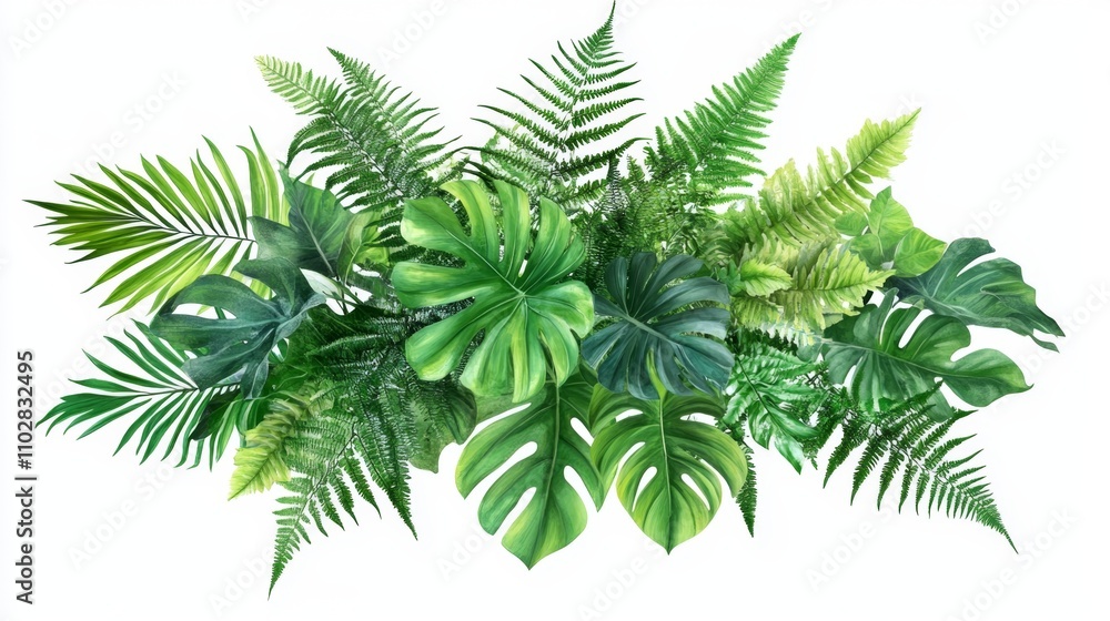 Tropical green leaves forest plant Monstera, fern, and climbing bird’s nest fern foliage plants floral bunch for wedding and ceremony decoration isolated on white background Tropical green leaves forest plant Monstera, fern, and climbing bird’s nest fern foliage plants floral bunch for wedding and ceremony decoration isolated on white background