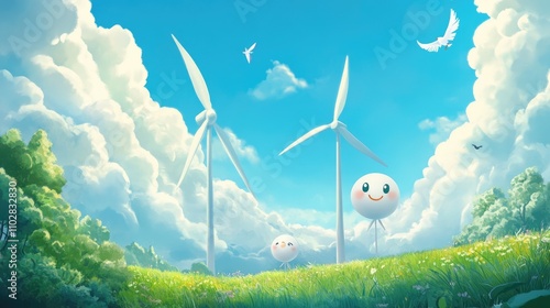 A sunny day with smiling wind turbines standing tall, birds flying around them under a cheerful sky