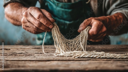 Artisan tying fishing nets by hand, showcasing precision and ageold skills photo