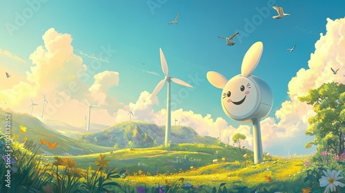 A sunny day with smiling wind turbines standing tall, birds flying around them under a cheerful sky