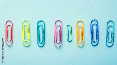 A tidy arrangement of rainbow-colored paper clips aligned neatly over an aqua surface