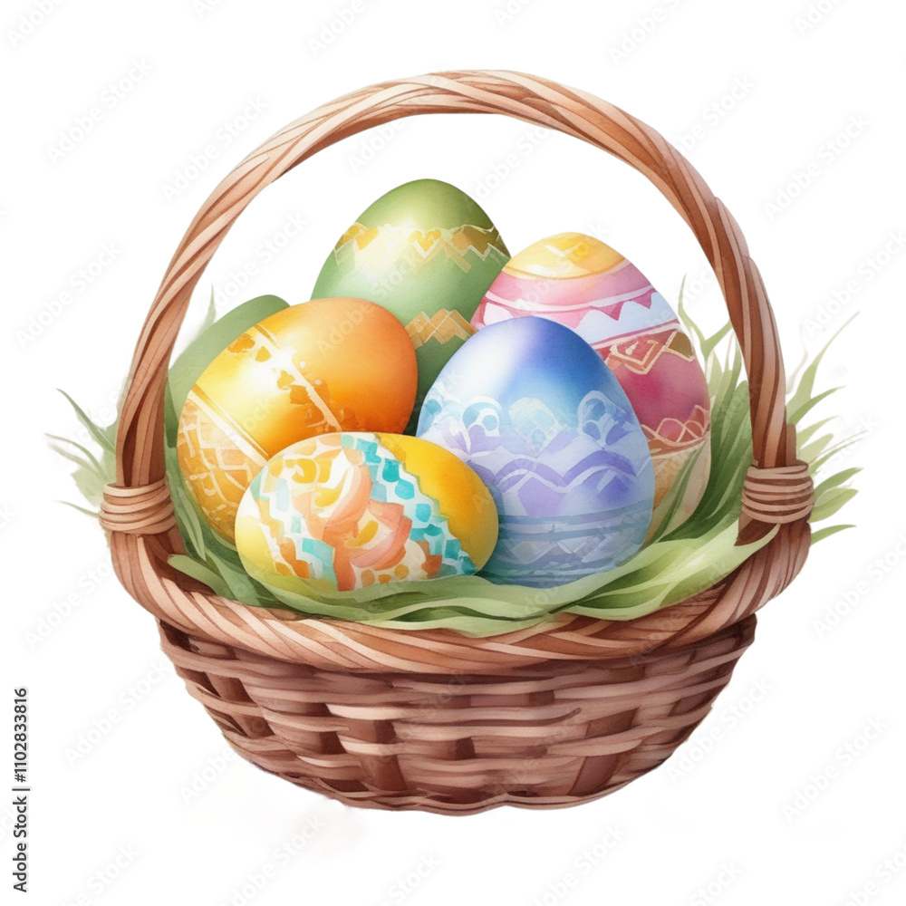 Colorful Easter eggs in a wicker basket surrounded by flowers and grass Colorful Easter eggs in a wicker basket surrounded by flowers and grass