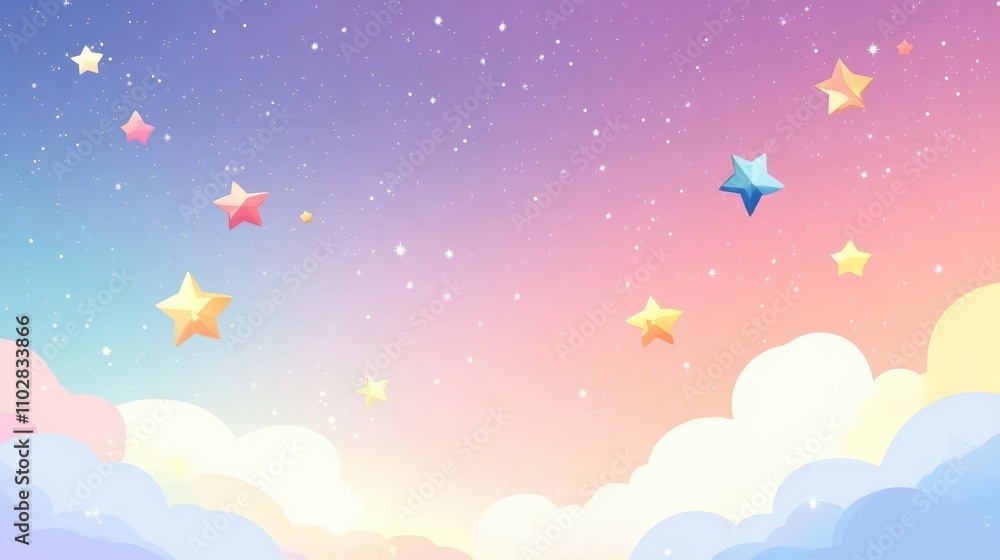 A vector cosmic scene with scattered stars floating on a pastel gradient sky transitioning between soft colors A vector cosmic scene with scattered stars floating on a pastel gradient sky transitioning between soft colors