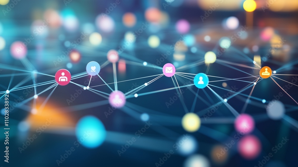 Visual representation of a social network with nodes, connections, and share symbols, illustrating dynamic online interactions. Visual representation of a social network with nodes, connections, and share symbols, illustrating dynamic online interactions.
