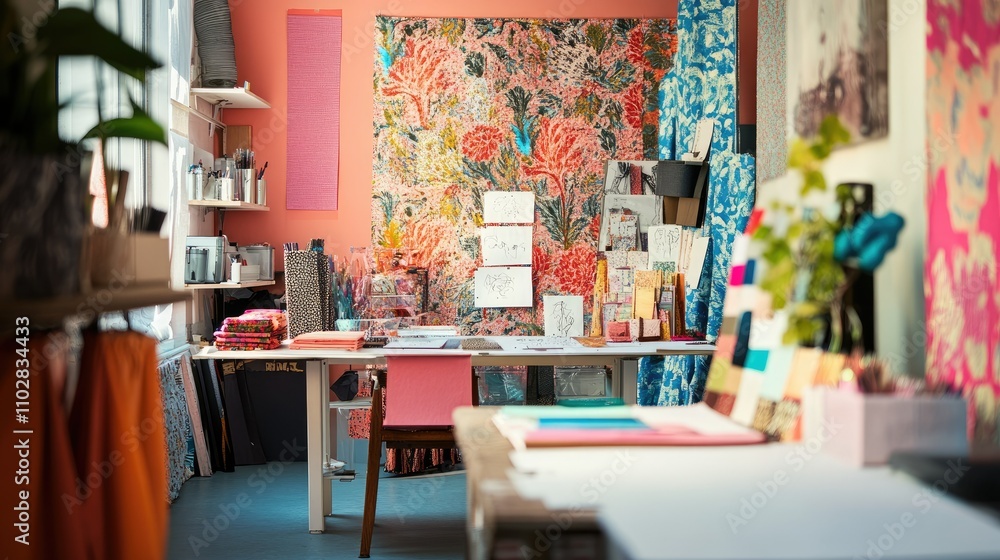 A vibrant workspace in a fashion studio, featuring creative elements like patterns, swatches, and detailed sketches A vibrant workspace in a fashion studio, featuring creative elements like patterns, swatches, and detailed sketches