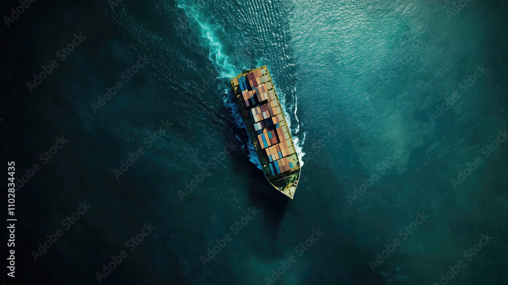 An aerial top view of a container ship in the vast ocean, serving as a vital link for global business logistics, freight shipping, import, export, and international trade. Generative AI. An aerial top view of a container ship in the vast ocean, serving as a vital link for global business logistics, freight shipping, import, export, and international trade. Generative AI.