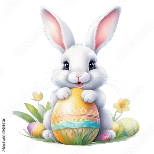 Easter bunny holding a basket with colorful eggs, surrounded by festive decorations