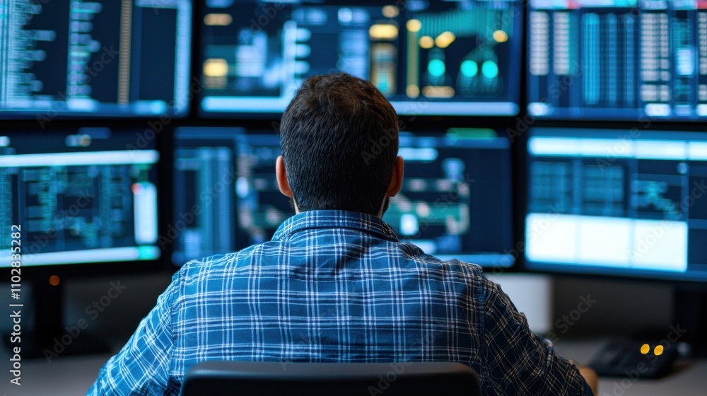 A person analyzes data on multiple monitors, focusing on graphs and statistics, in a tech-oriented workspace. A person analyzes data on multiple monitors, focusing on graphs and statistics, in a tech-oriented workspace.