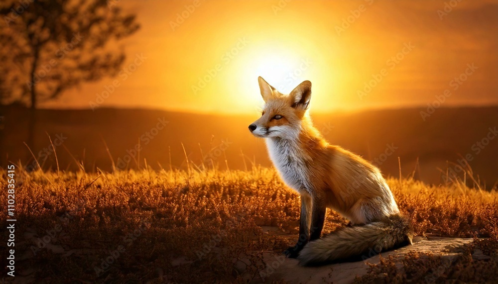Fototapeta premium The morning with adorable fox; including sun and mountain.