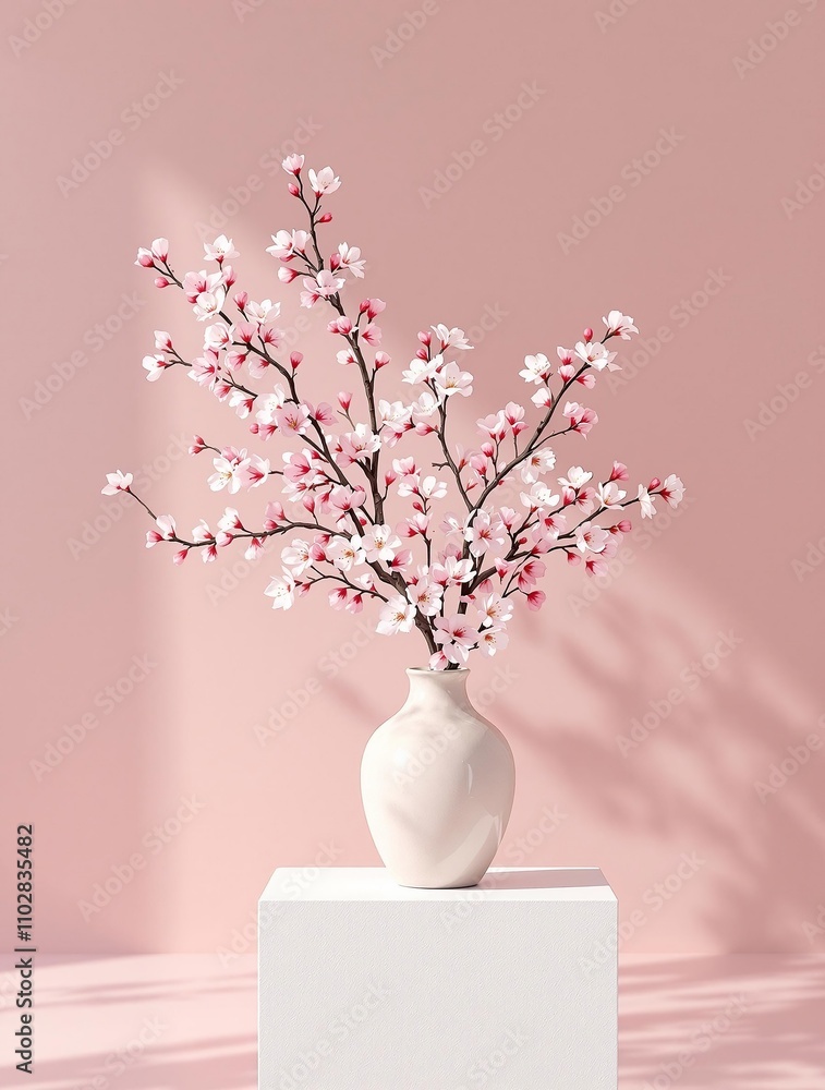 Cherry blossom arrangement on a white stand against pink background, creative concept, floral presentation, elegant spring display Cherry blossom arrangement on a white stand against pink background, creative concept, floral presentation, elegant spring display