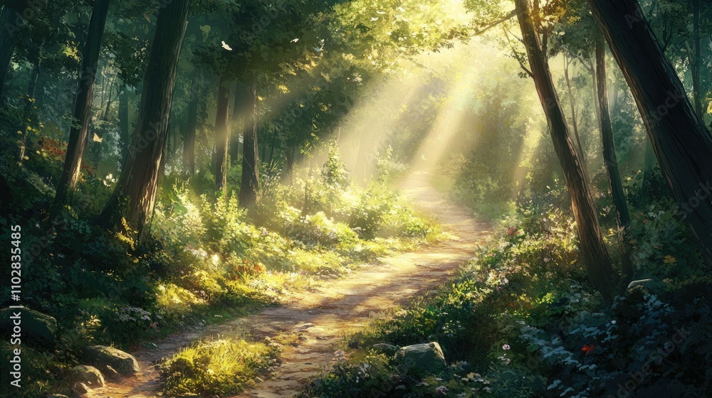 Obraz premium A winding trail through a sunlit forest, with a silhouette of a lone traveler, evoking themes of introspection and transformation