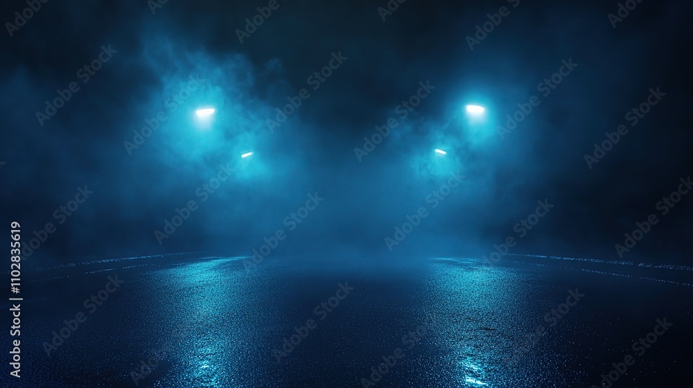 Fototapeta premium Mysterious Foggy Night with Blue Lights in Urban Environment