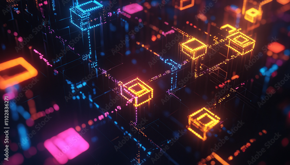 Glowing blockchain with embedded legal symbols Glowing blockchain with embedded legal symbols