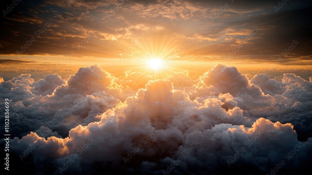Heavenly Sunrise Aerial View of Cloudscape with Golden Sun Rays Heavenly Sunrise Aerial View of Cloudscape with Golden Sun Rays