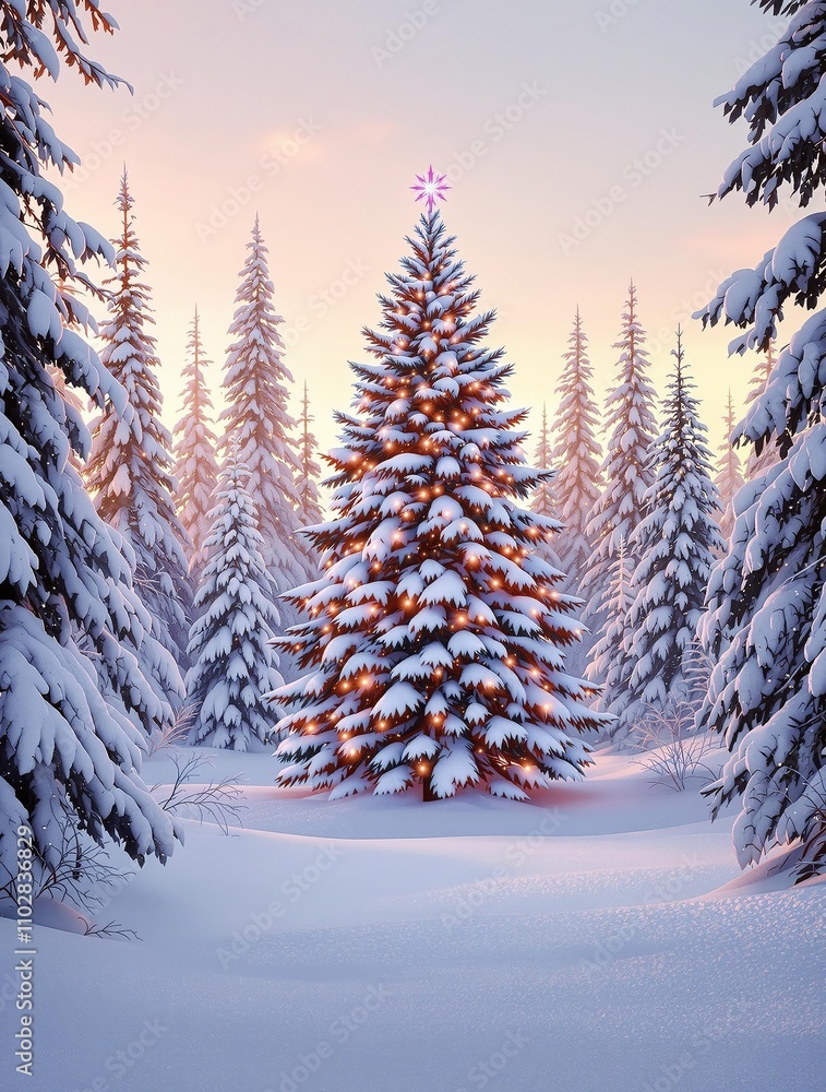 Fototapeta premium Christmas tree in a snowy forest setting with a peaceful winter vibe, traditional, serene, winter landscape