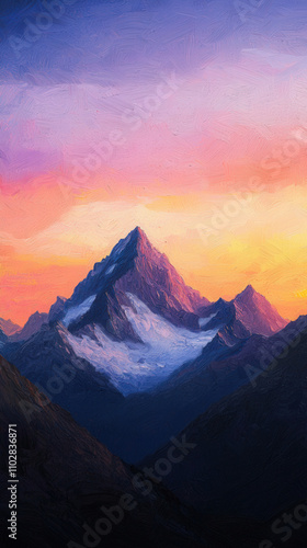 Majestic mountain range at sunrise, showcasing vibrant colors and serene beauty. peaks are illuminated by warm glow of sun, creating breathtaking landscape