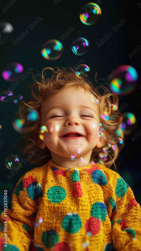 Joyful baby giggling while playing with colorful bubbles, surrounded by laughter and happiness. delightful moment captured in vibrant colors Joyful baby giggling while playing with colorful bubbles, surrounded by laughter and happiness. delightful moment captured in vibrant colors