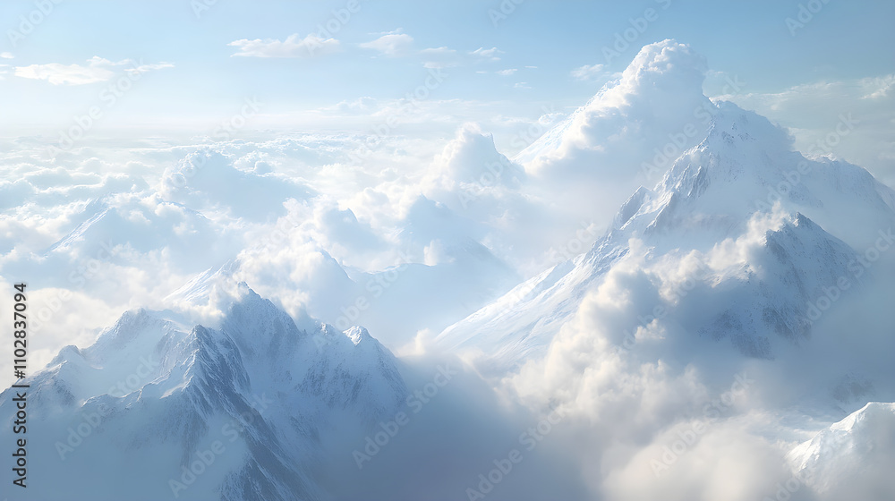 Obraz premium Majestic Clouds Drift Above Snow-Capped Mountain Peaks in a Serene Natural Landscape