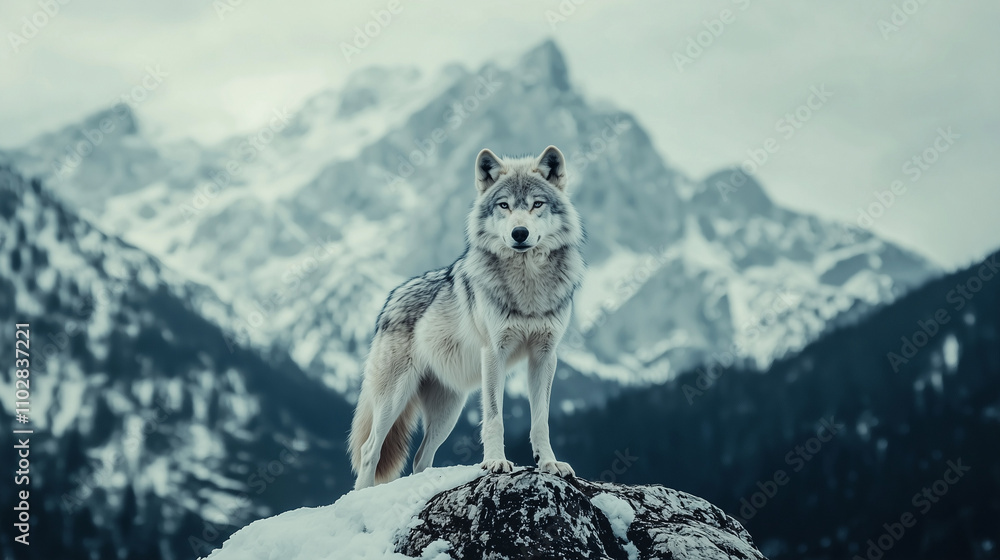 Fototapeta premium Majestic Wolf on Snowy Mountain Peak