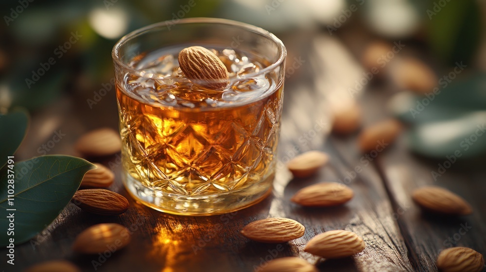 Almond liqueur in a glass, with ice and whole almonds on a wooden surface. Almond liqueur in a glass, with ice and whole almonds on a wooden surface.