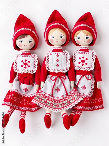 Three tilde dolls in red dresses, and white aprons, and red kalpaks sit on a light background. Interior dolls. There is a place for text. The concept of needlework,. photo