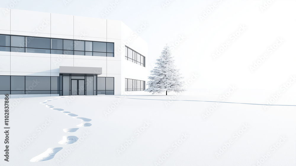 Obraz premium Winter Office Landscape: Snow covered ground with footprints leading to a modern, minimalist office building. A lone snow-covered evergreen stands beside the entrance. 