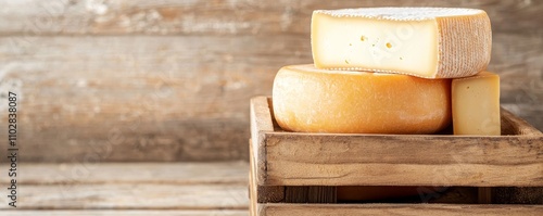 Beverage and retail food concepts, Three types of cheese stacked in a rustic wooden crate on a textured background. photo